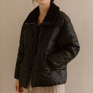 Sanctuary Black Faux Leather Puffer with Sherpa Collar Jacket Size Large